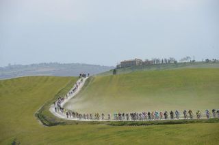 The Strade Bianche peloton stretched out on a gravel sector