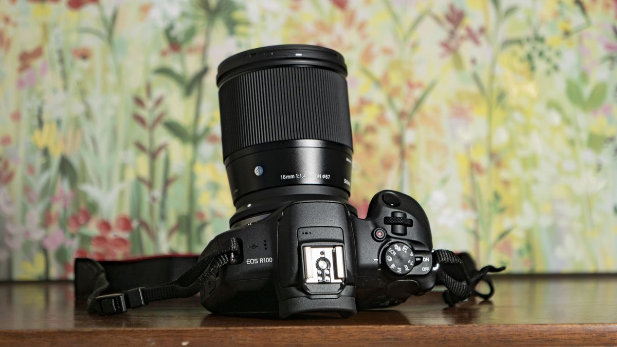 Sigma 16mm F1.4 DC DN Contemporary lens attached to a Canon EOS R100, on a wooden surface with floral backrop
