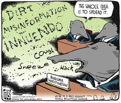 Political Cartoon U.S. GOP Joe Biden Hunter Biden congressional investigation spreading misinformation innuendo
