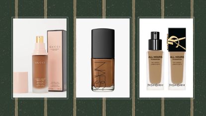 Collage of three examples of the best foundation for combination skin from Gucci, Nars and YSL on a green background
