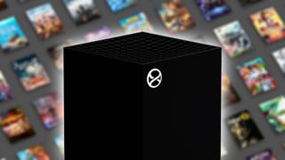 Xbox Project Helix logo in front of Series X silhouette with Game Pass box art in backdrop.