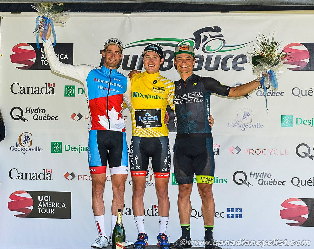 The final overall podium at Tour de Beauce: Hugo Houle, Greg Daniel and Robin Carpenter