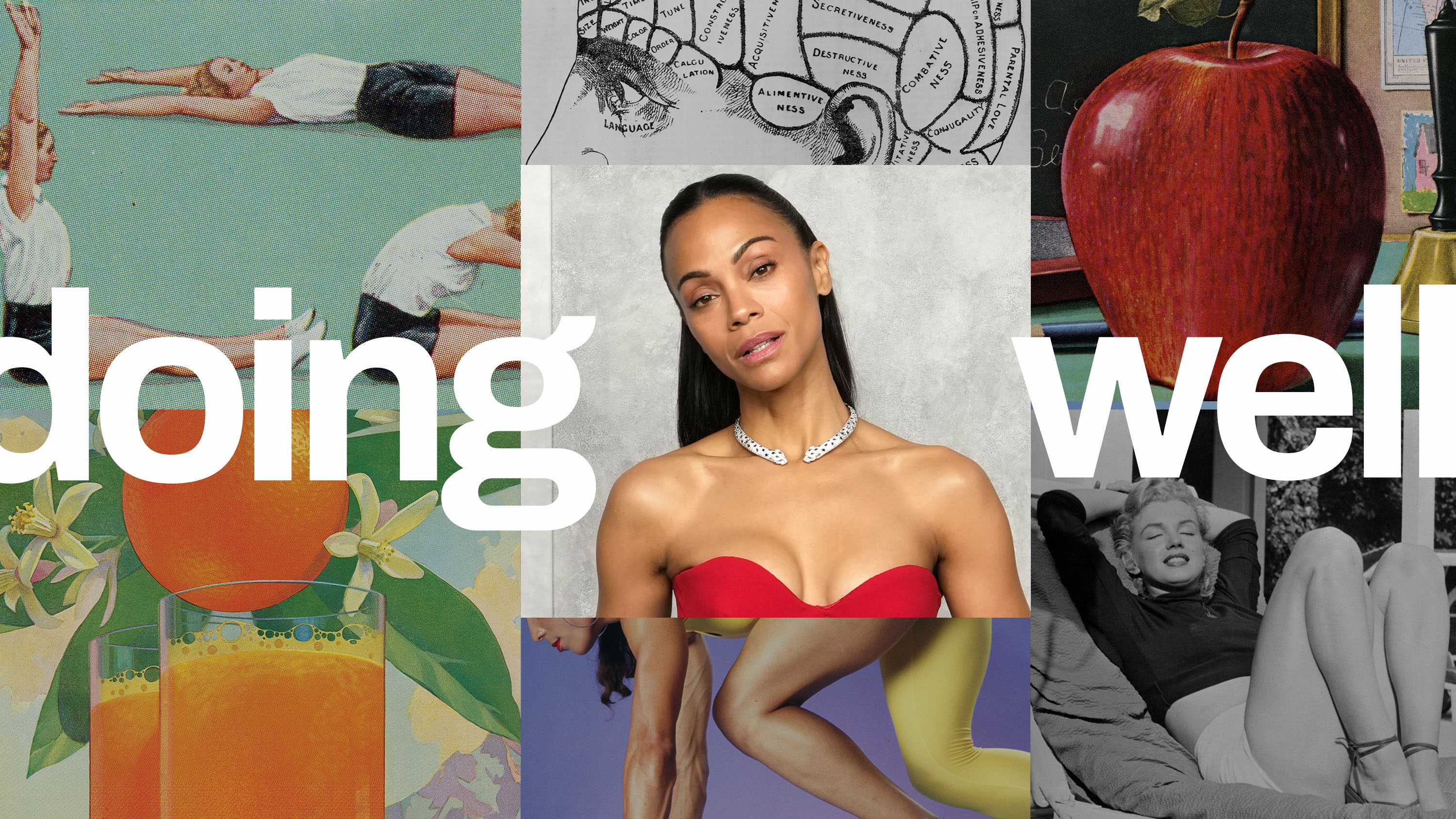 Zoe Saldana headshot in the middle of a "Doing Well" collage