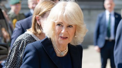 Queen Camilla looks around as she arrives at the British Museum on the 100th anniversary of the birth of Queen Elizabeth II on April 21, 2026