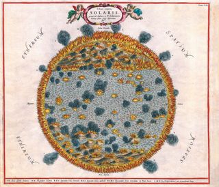 Athanasius Kircher's 1665 map of the sun shows an equatorial sea and polar mountains and was inspired by an astronomer who thought sunspots were orbiting the sun.