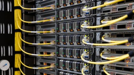 A photograph of Nvidia NVL72 AI servers, as used by AI company Lambda.