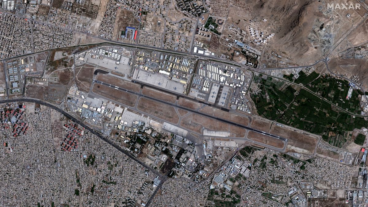 A satellite image of Hamid Karzai International Airport in Kabul, Afghanistan, taken on Aug. 26, 2021.