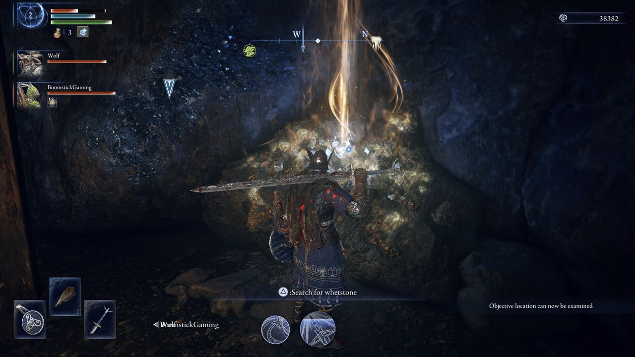Elden Ring Nightreign whetstone location: The whetstone item in rock at the bottom of a mineshaft.