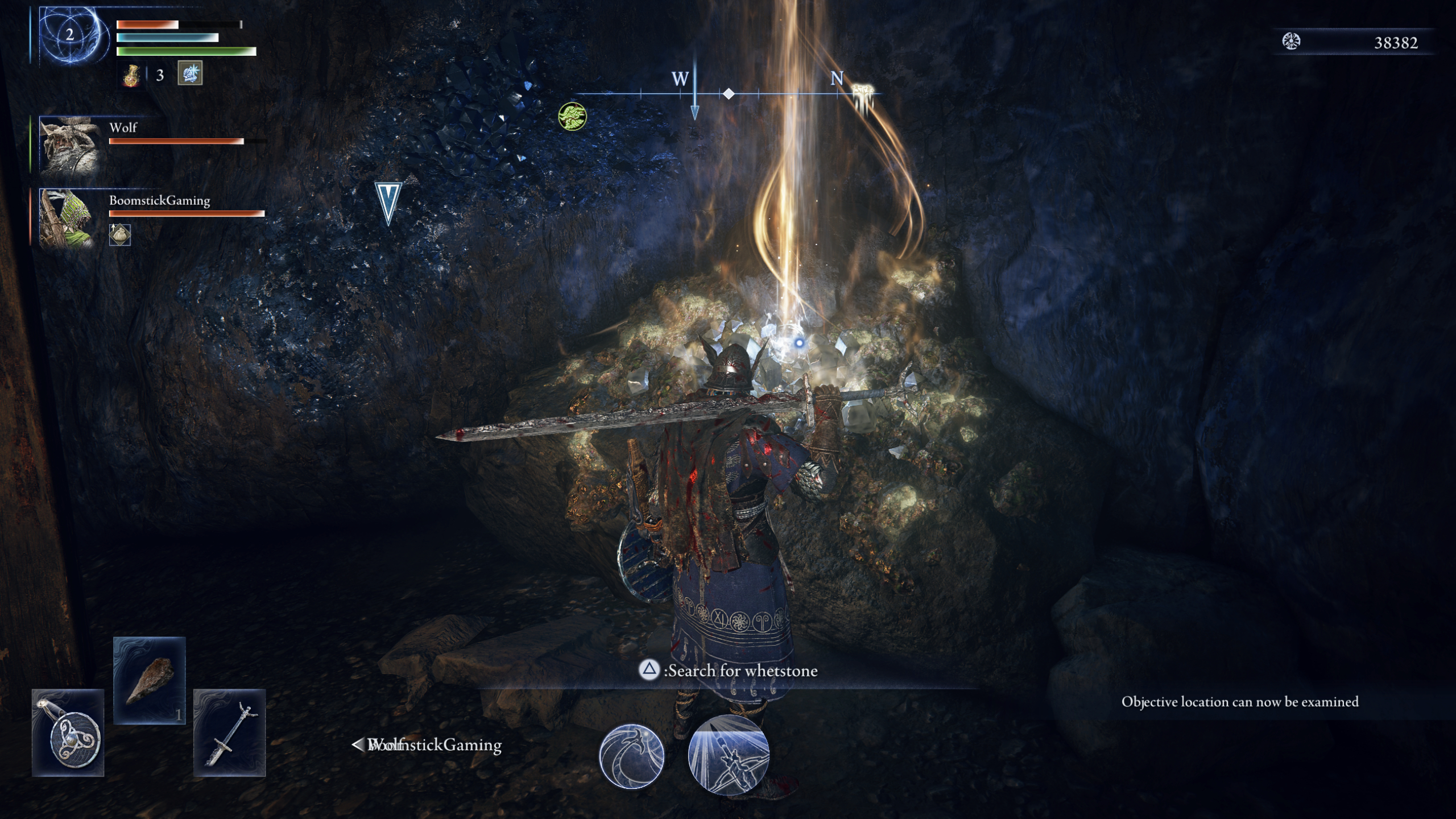 Elden Ring Nightreign whetstone location: The whetstone item in rock at the bottom of a mineshaft.