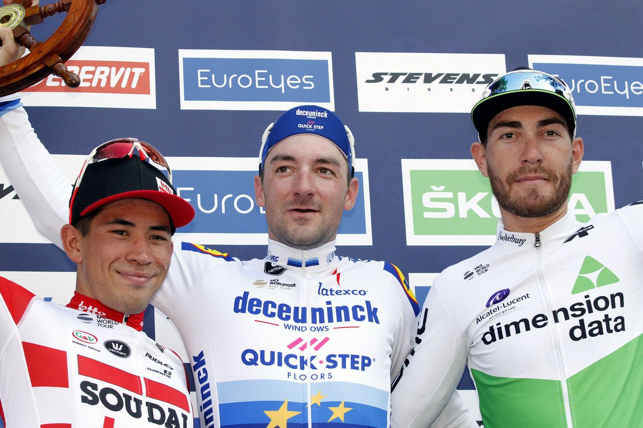 Caleb Ewan, Elia Viviani and Giacomo Nizzolo on the podium in Hamburg