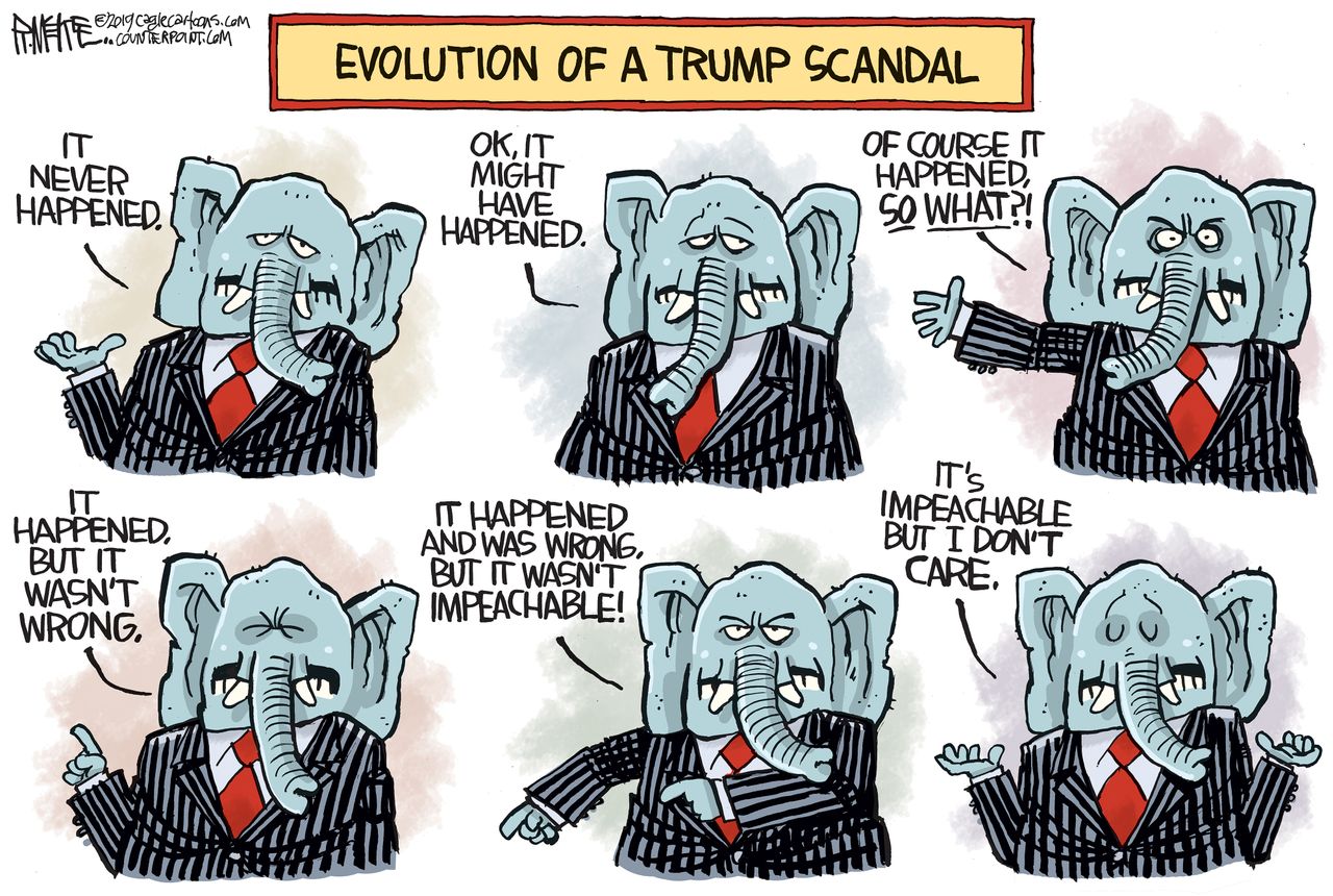 Political Cartoon U.S. GOP Evolution Of A Trump Scandal