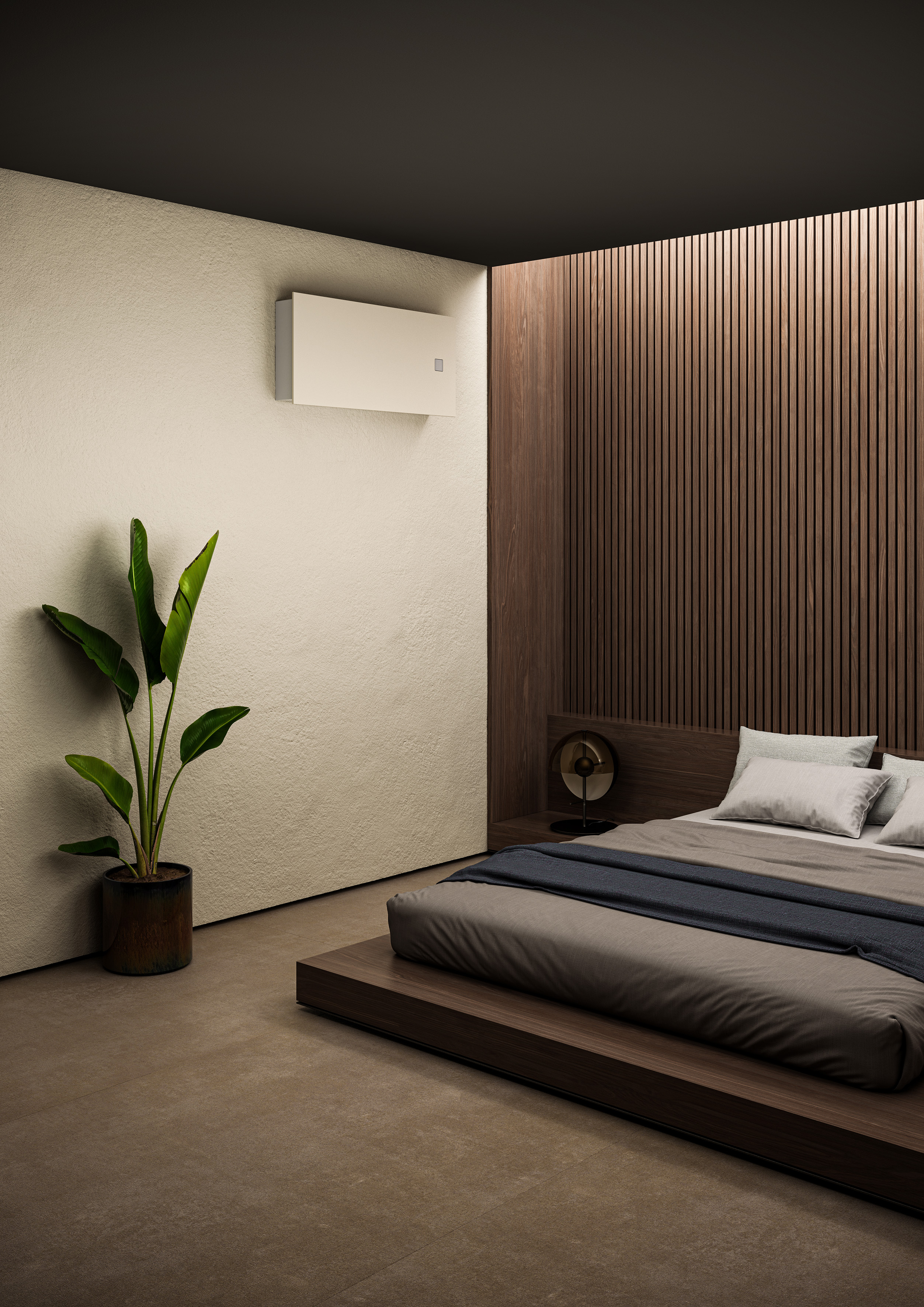 dark wood modern vertical wall panelling in bedroom with low bed