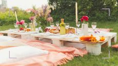 garden party theme ideas with palette tables and pastel coloured decorations and accessories