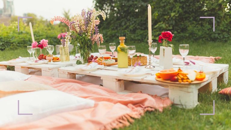 garden party theme ideas with palette tables and pastel coloured decorations and accessories