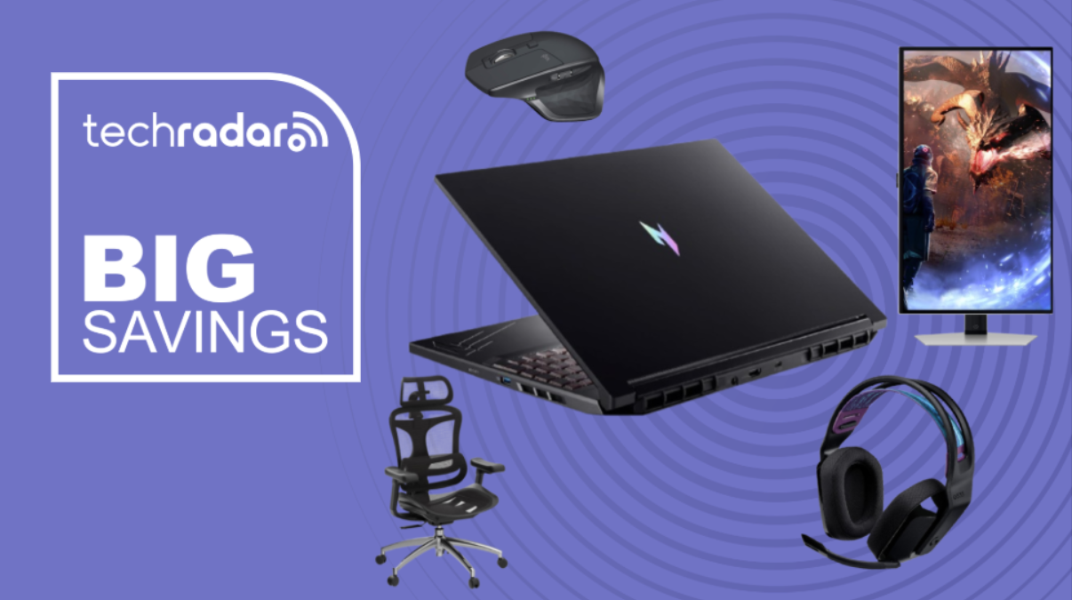 PC hardware and accessories on a purple background next to a TechRadar badge reading &#039;Big Savings&#039;
