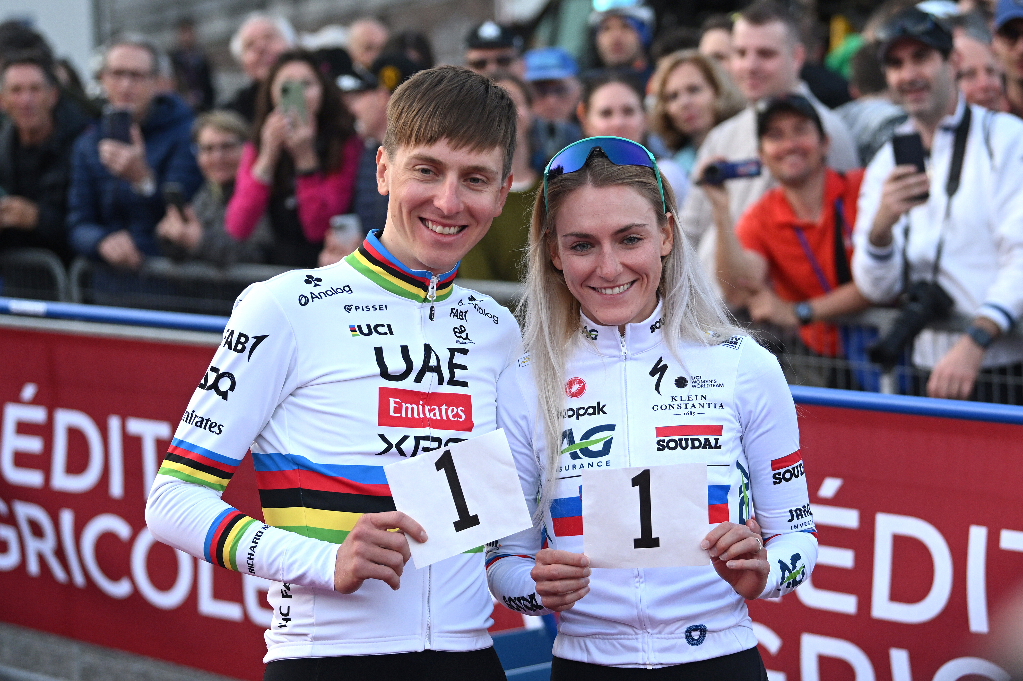 Tadej Pogačar and Urška Žigart at 2025 Strade Bianche presentation