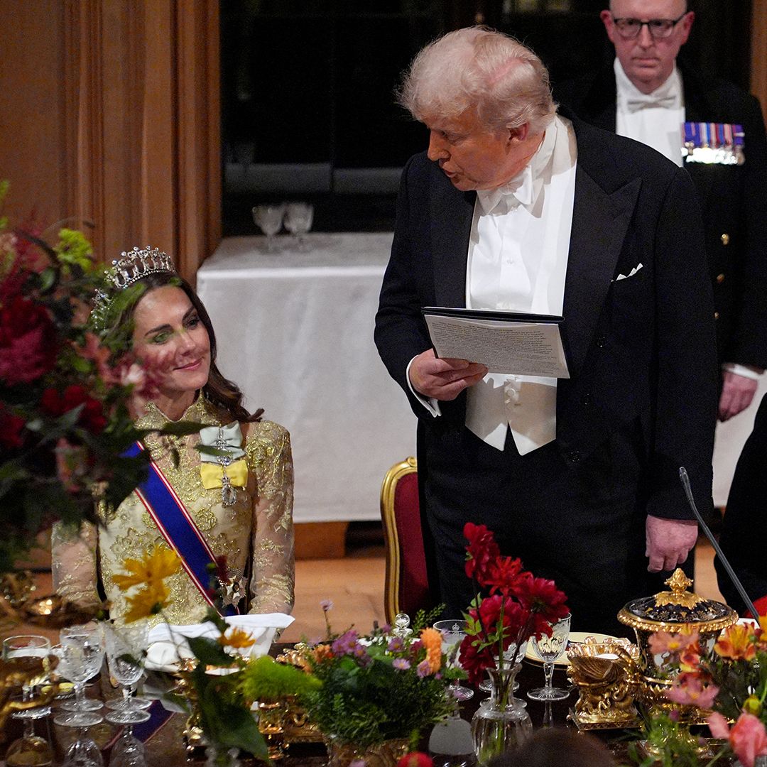US President Donald Trump speaks to Britain&#039;s Catherine, Princess of Wales as he delivers a speech during a State Banquet at Windsor Castle, in Windsor, on September 17, 2025, during the US President&#039;s second State Visit. US President Donald Trump arrived in Britain for an unprecedented second State Visit, with the UK government rolling out a royal red carpet welcome to win over the mercurial leader. (Photo by Yui Mok / POOL / AFP) (Photo by YUI MOK/POOL/AFP via Getty Images) 