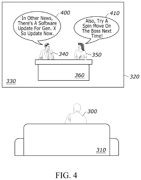 Images from a patent Sony has filed in the US of a system where videogame characters can advertise or give you tips.