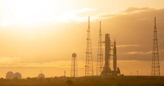 The Artemis 1 rocket seen at the launch pad at sunrise on April 3, 2022.