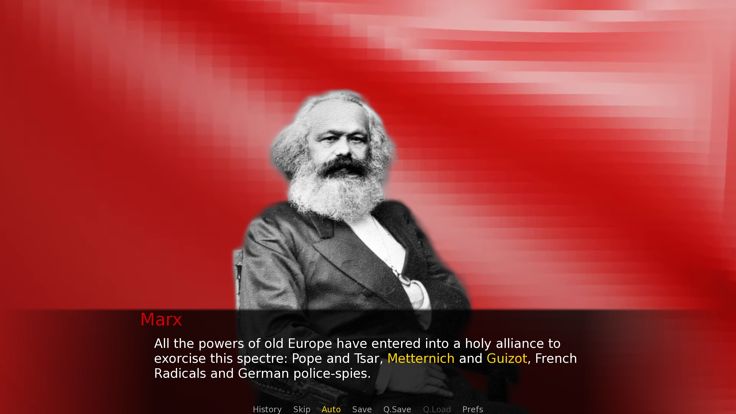 Marx delivers a line of The Communist Manifesto at the screen.