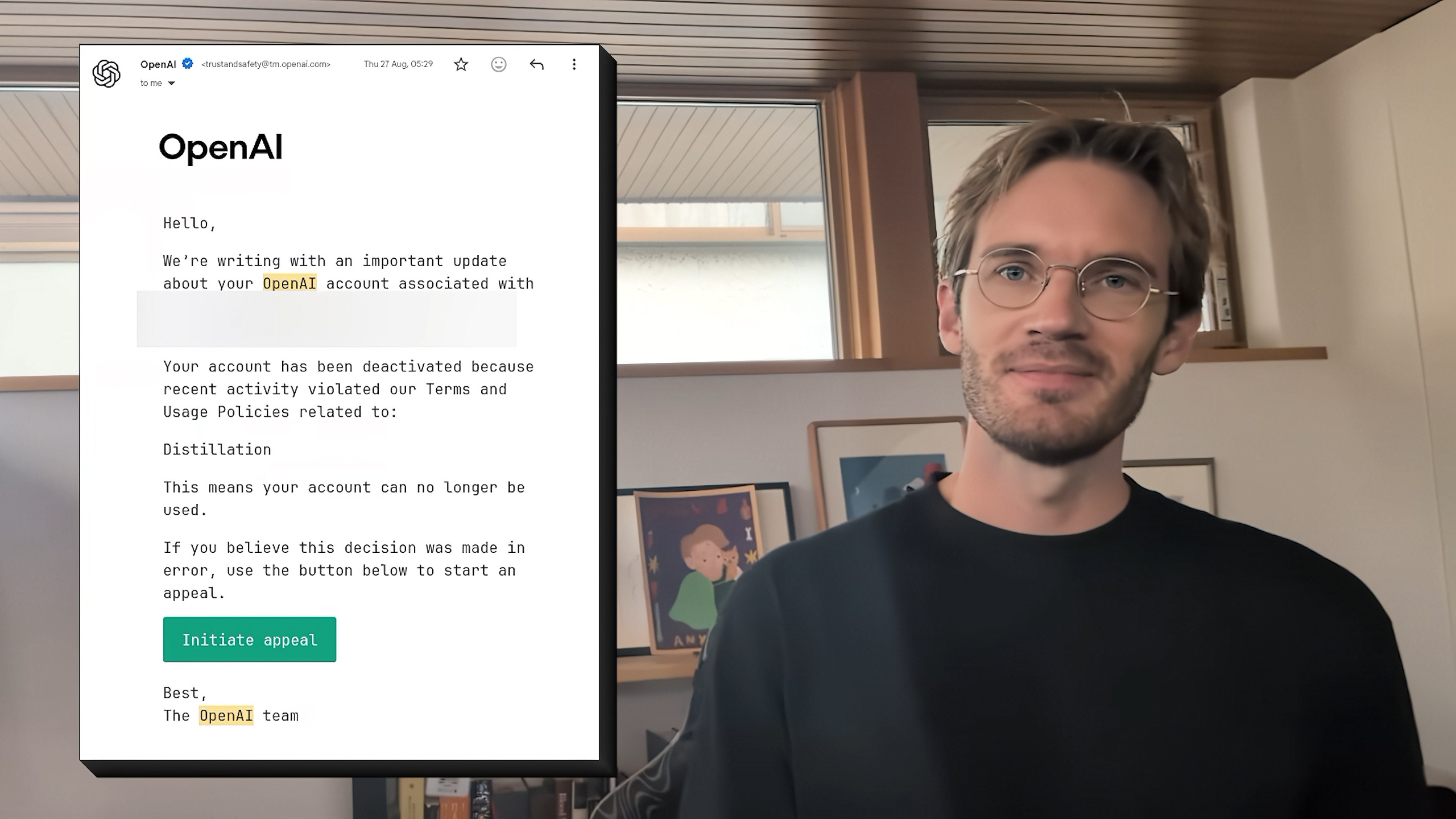 PewDiePie beside an OpenAI email shown in his video, indicating his account was deactivated over distillation