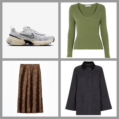 product collage of Whistles Fern Pathc-Pocket Wax-Cotton Jacket, Max Mara Leisure Calcio Ribbed Cotton-Blend Sweater, Gap Satin Maxi Skirt, Nike V2K Runtekk Running Shoes, with white background and grey border 