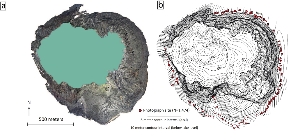 A high resolution topographic and bathymetric map of Ijen Crater Lake. The yellow sulfur dome is apparent in lower right corner of map a. Original source of figure is "New Insights into Kawah Ijen's volcanic system from the wet volcano workshop experiment", Geological Society of London (2016).