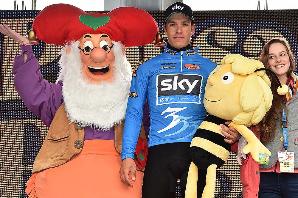 Team Sky's Danny van Poppel pulled on the blue sprints jersey