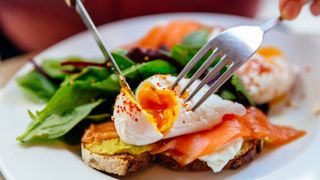 Plate of brunch food including avocado, salmon and eggs, with knife and fork positioned over the top, representing how to prevent a hangover by eating