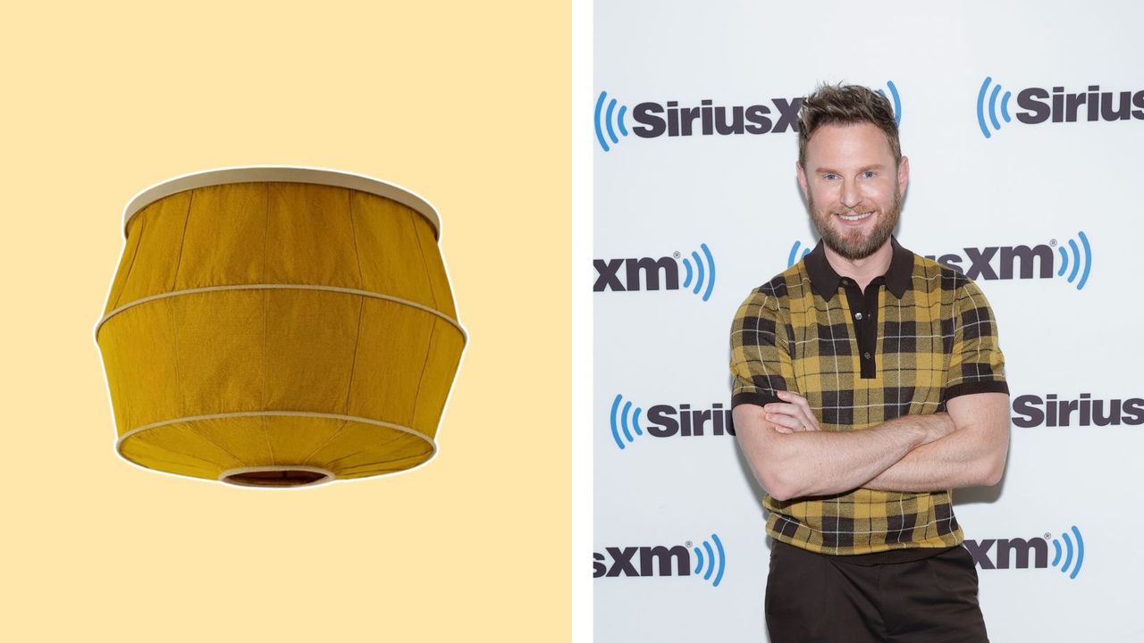 Tulip Shades selection in &quot;Sunlight&quot; on a yellow background next to a shot of Bobby Berk, a white man with a beard in plaid yellow, standing with his arms crossed