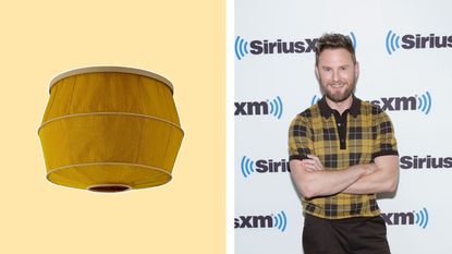 Tulip Shades selection in "Sunlight" on a yellow background next to a shot of Bobby Berk, a white man with a beard in plaid yellow, standing with his arms crossed