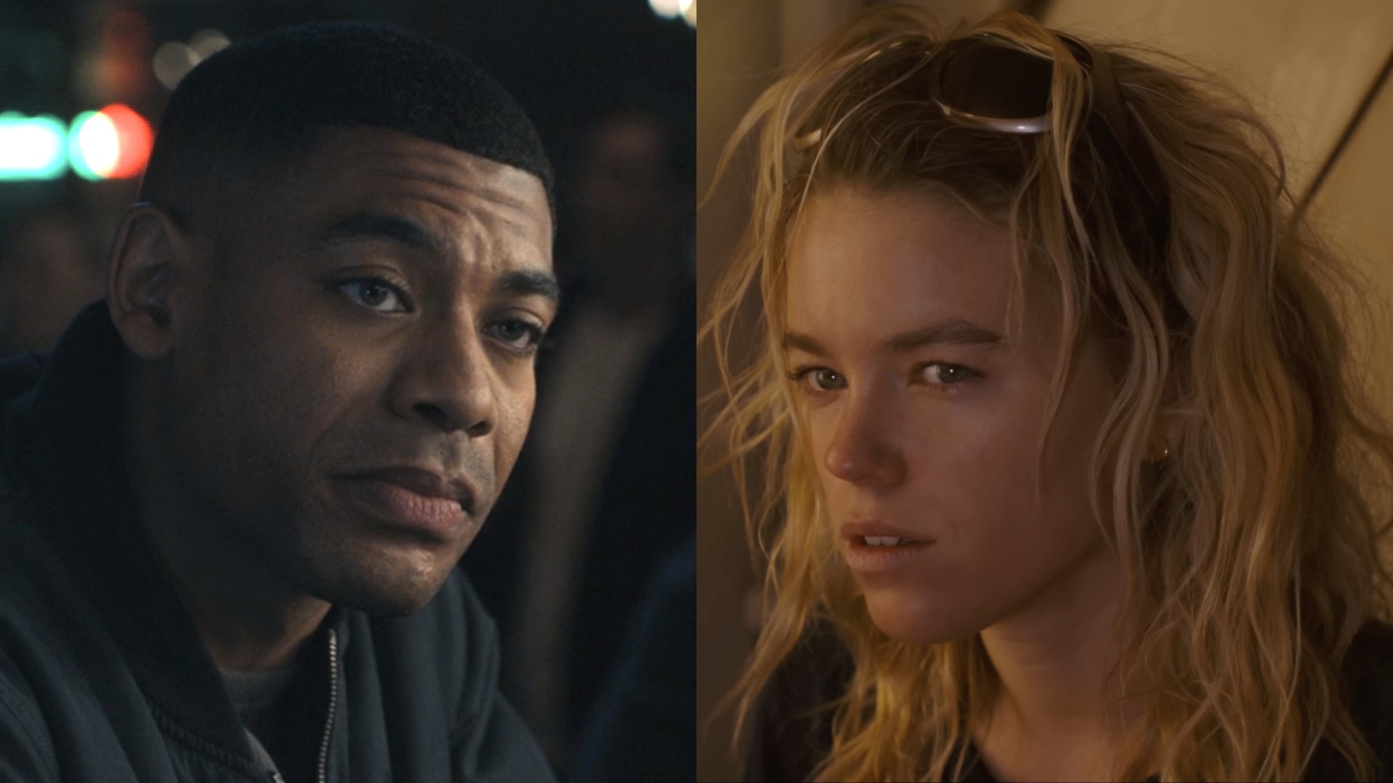 Aaron Pierre looks over in Lanterns, while Milly Alcock stares in Supergirl.