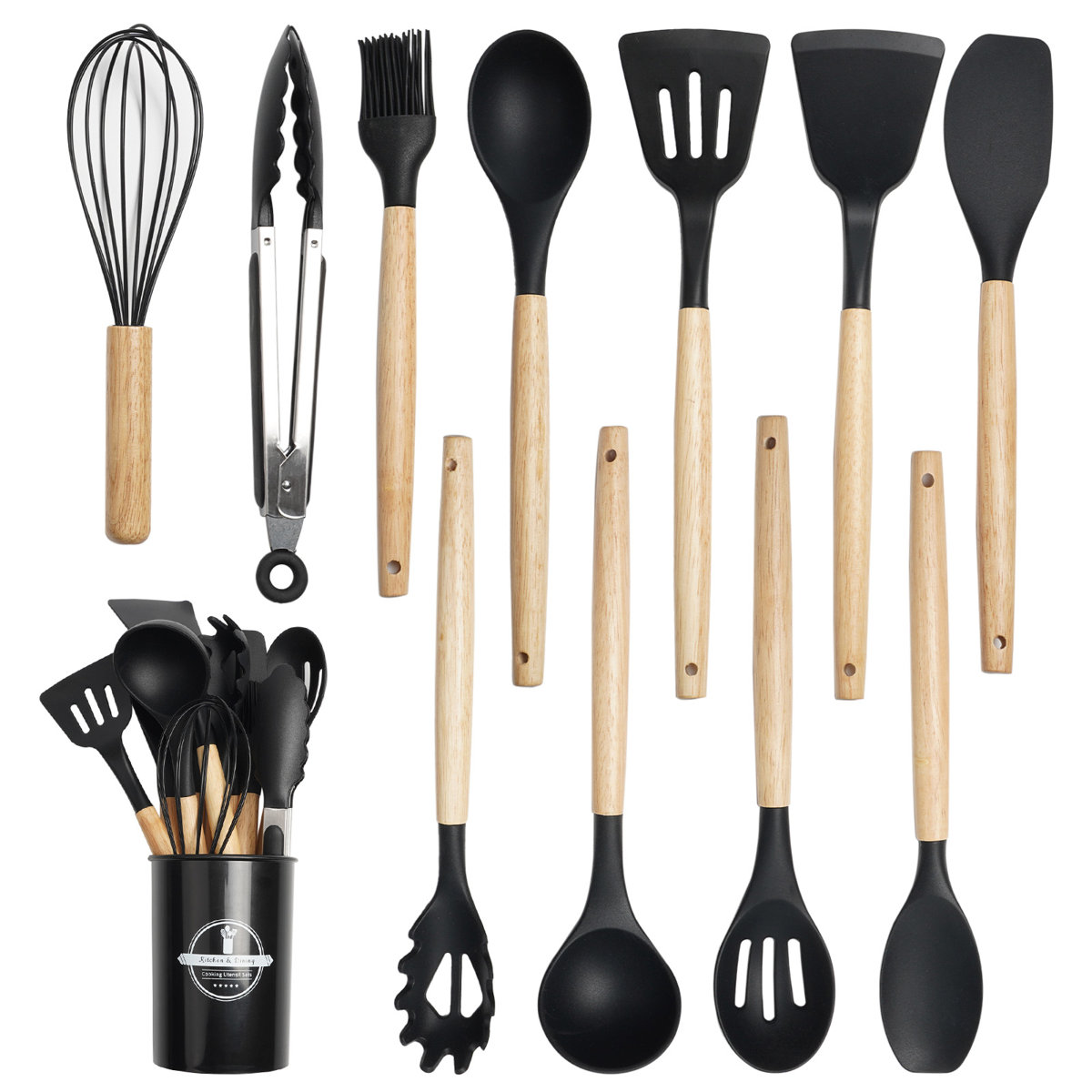 Koomade 12-Piece Siliware Kitchen Utensil Set in Black With Wooden Handles &amp;amp; Holder, Non-Scratch and Heat-Resistant for Non-Stick Cookware &amp;amp; Reviews | Wayfair