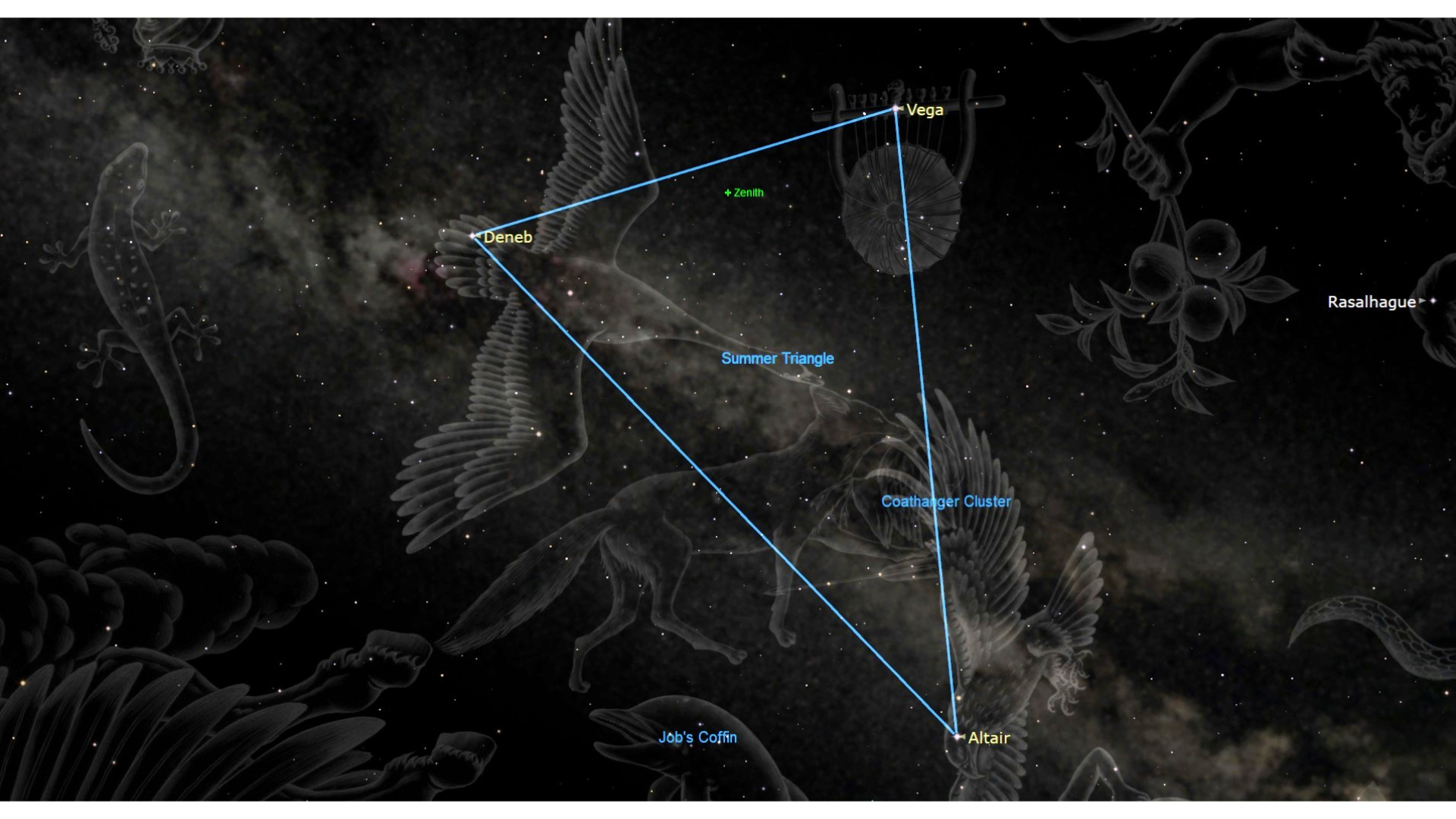 A labeled star map of the night sky with drawn constellation subjects and a blue triangle in the middle connecting the three labeled summer triangle stars: Vega, Altair and Deneb