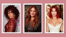 Rihanna is pictured with red curly hair whilst at the 2010 American Music Awards, alongside a picture of Julia Roberts with dark copper hair at the Fairmont Century Plaza on January 15, 2023 and finally, Megan Fox pictured with bright red hair and dark roots at the GQ Men of the Year Party 2023/ in a dark pink, three-picture template