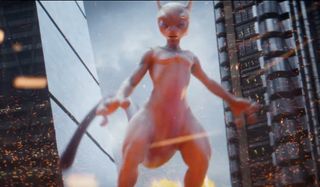 Detective Pikachu Mewtwo hovering in the embers