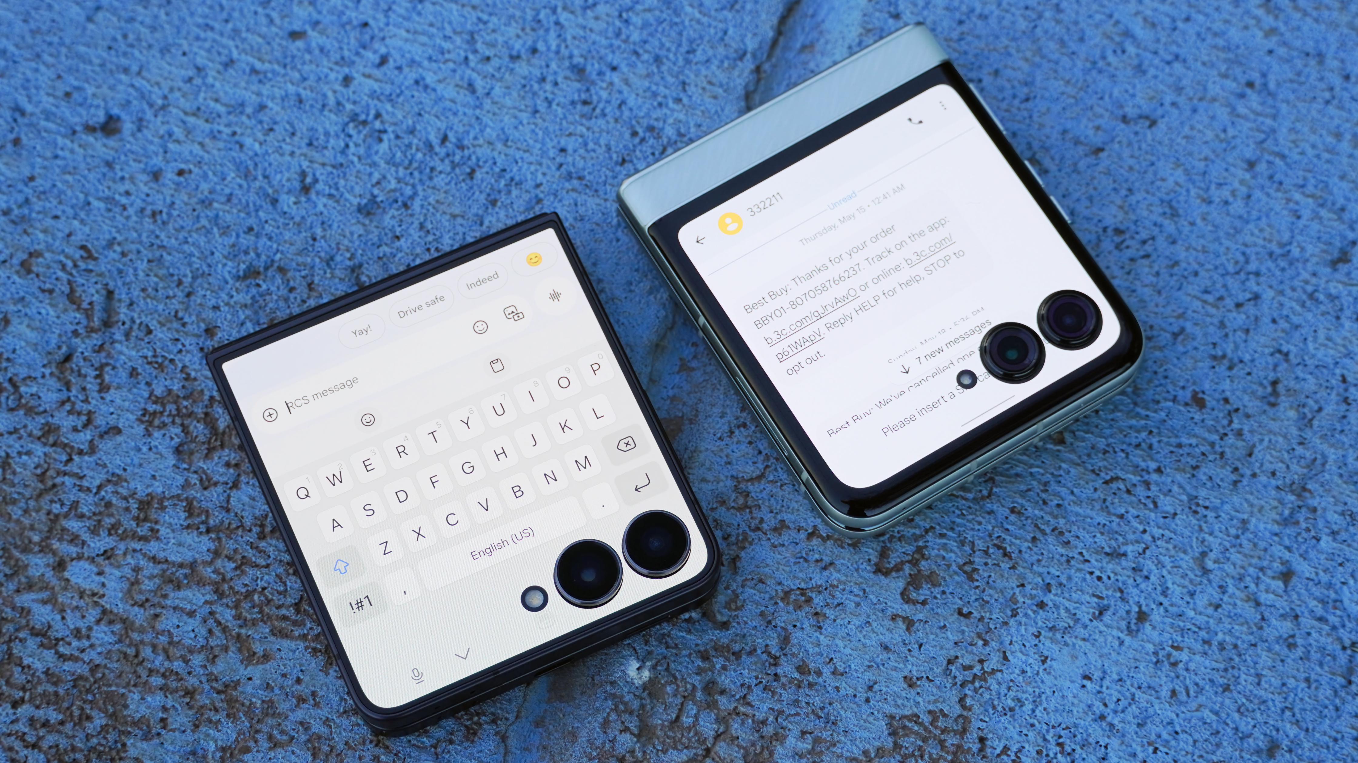 The Samsung Galaxy Z Flip 7 covered screen compared to the Motorola Razr 2025.