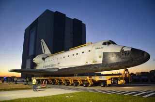 Space shuttle Atlantis, as seen inside NASA's Vehicle Assembly Building for the final time