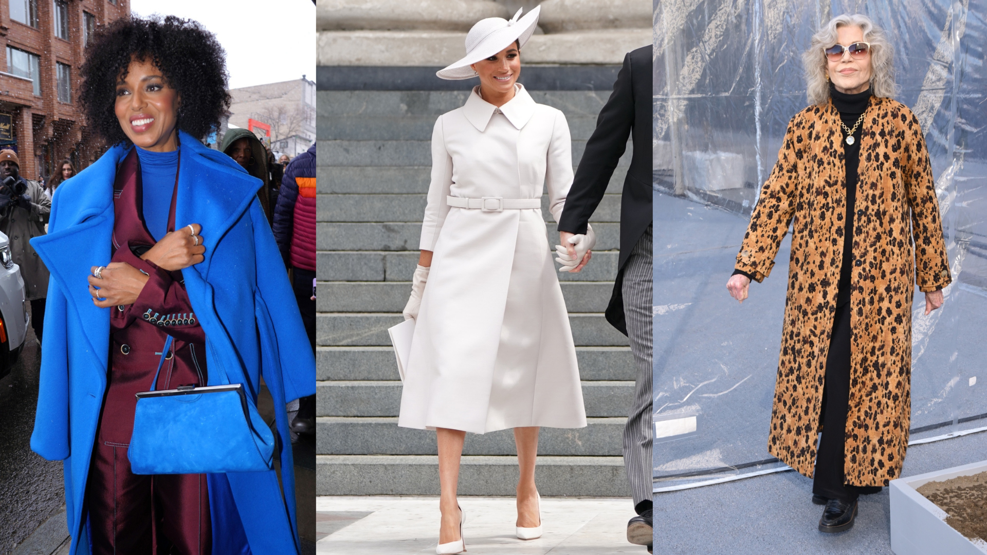 Kerry Washington, Meghan Markle and Jane Fonda wearing statement coats