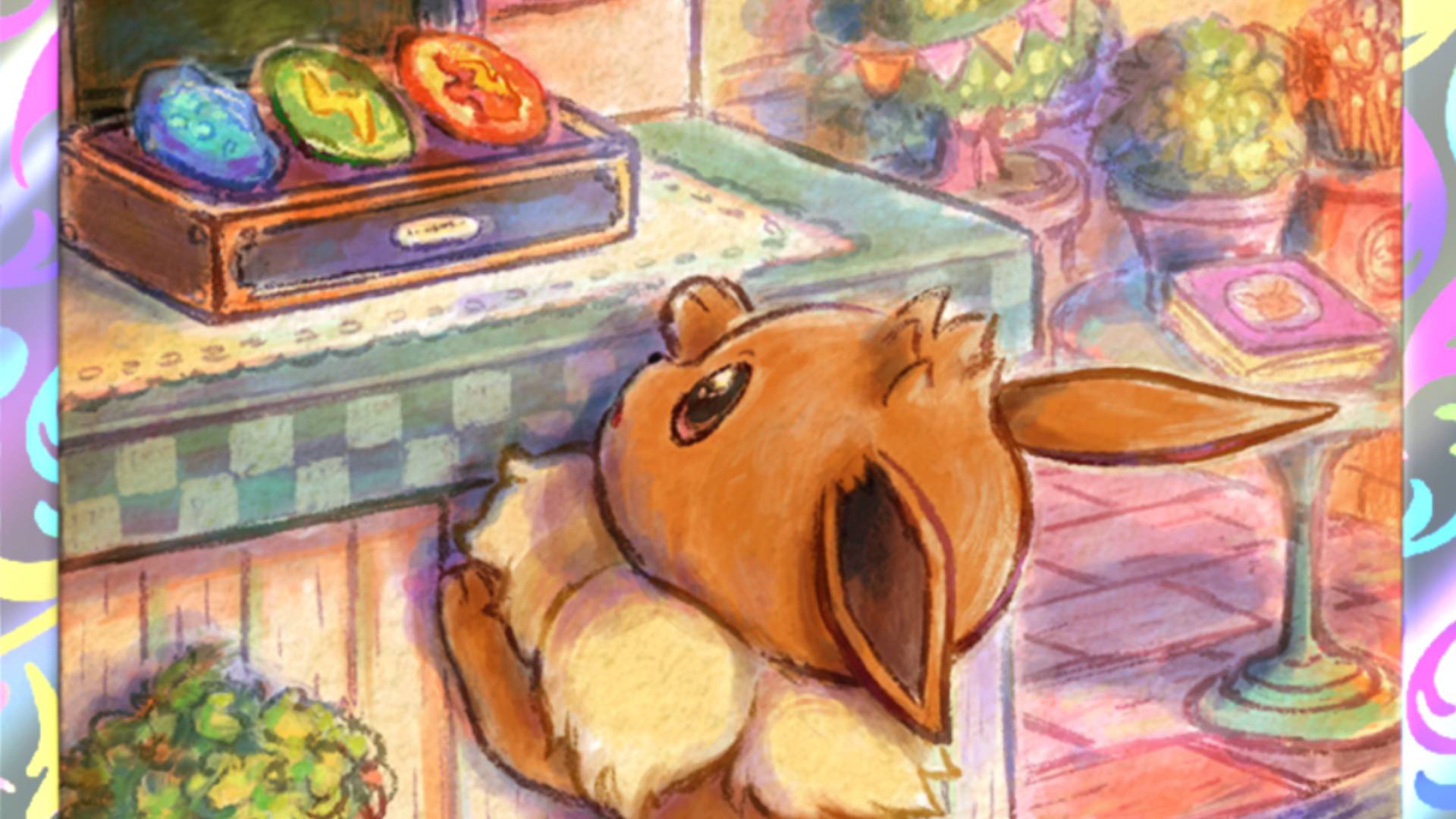 Grafika na karcie Pokemon TCG Pocket przedstawiająca Eevee sięgającego po trzy kamienie ewolucyjne.