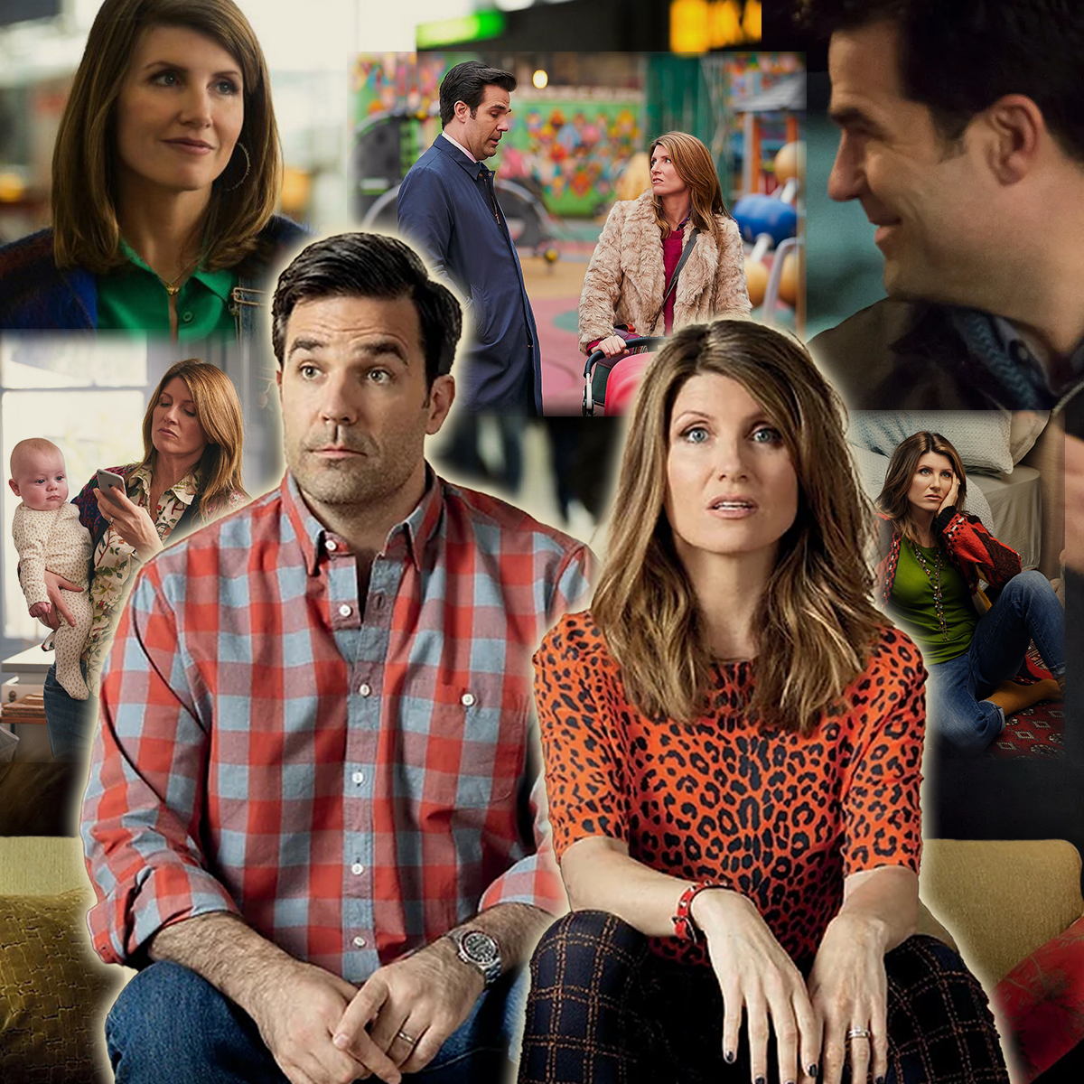 A collage of characters Rob Norris (Rob Delaney) and Sharon Morris (Sharon Horgan) from the TV show &#039;Catastrophe.&#039;