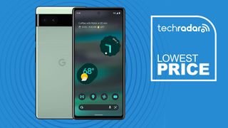 Google Pixel 6a lowest price ever banner with TechRadar logo and phone front and back in green
