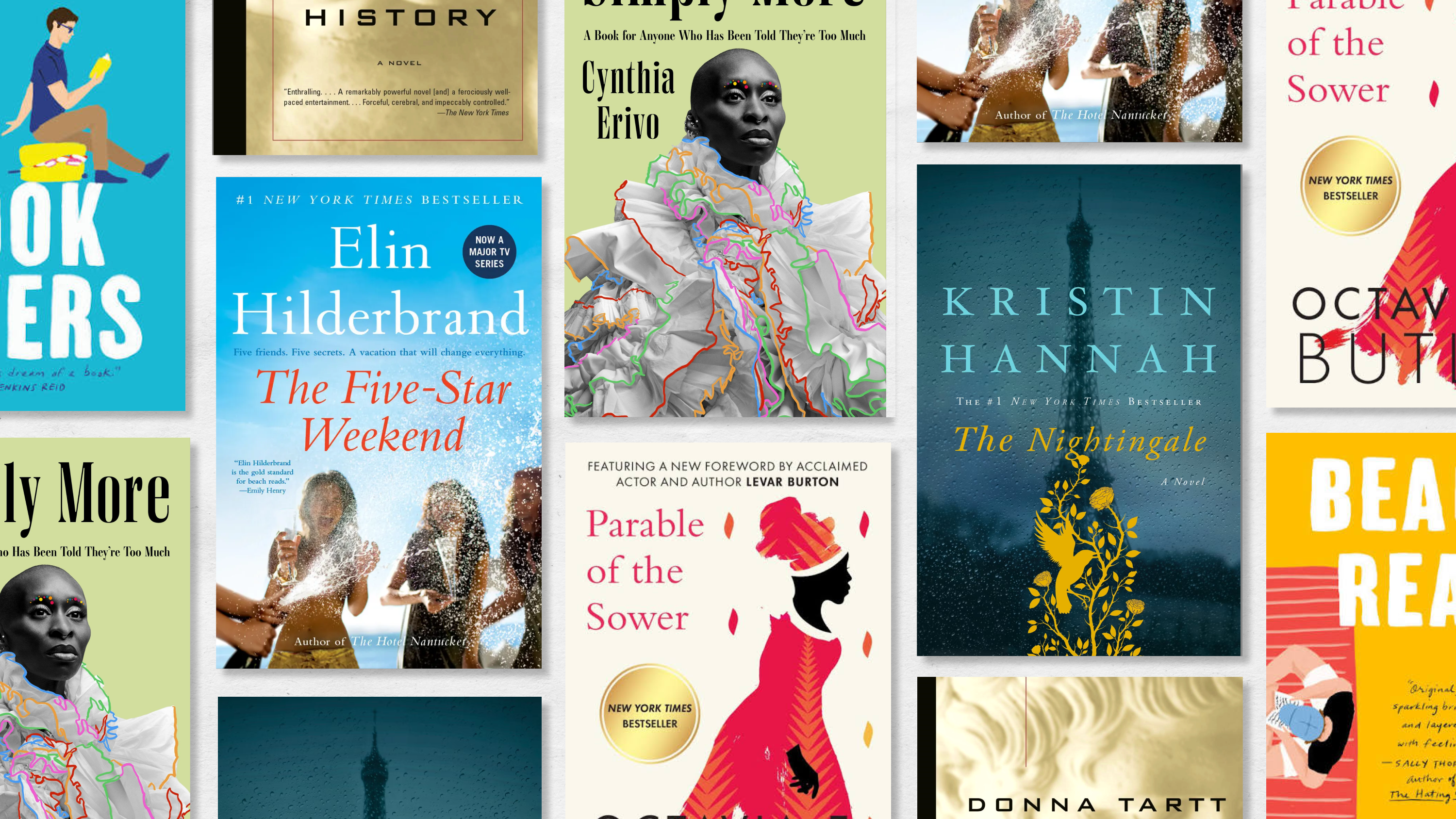 a collage of book covers of novels and memoirs on sale during prime 2026 including the nightingale parable of the sower and more
