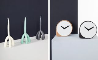 ’Candela’ five-legged candles (pictured left), and the ’Clork’ cork clock (right)