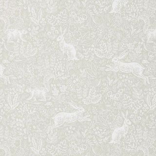 gray and white toile patterned wallpaper with woodland motifs