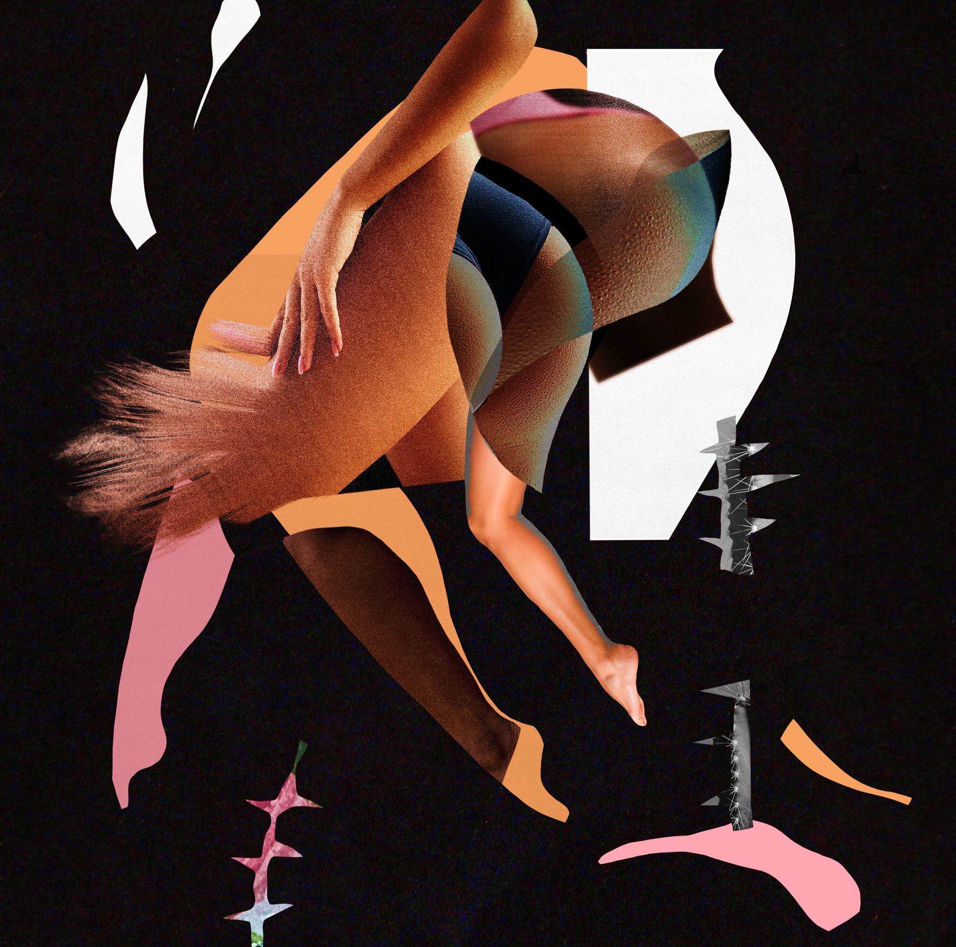 A collage of body parts, tools, and cacti that represent the dangers of a BBL