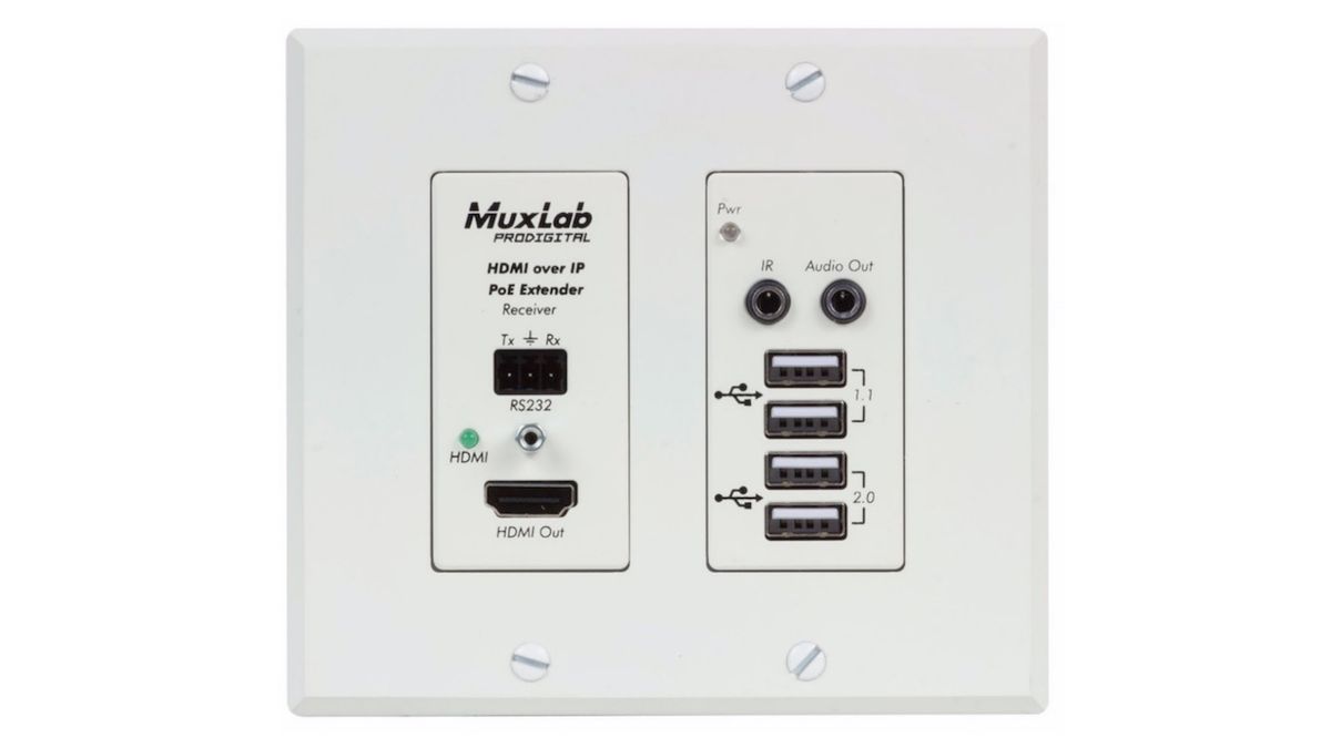 MuxLab has begun shipping the new HDMI/USB over IP PoE Wall Plate Receiver, UHD-4K (model 500777-RX-WH). 