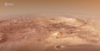 Scene from a flyover video of Mars' Jezero Crater, compiled using data from the European Space Agency's Mars Express spacecraft and NASA's Mars Reconnaissance Orbiter.