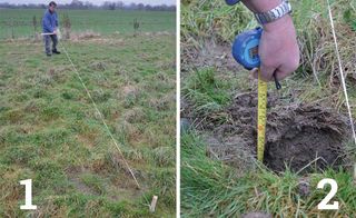 Two pictures side by side with the left image stringing out a line and the second measuring the depth of a hole for a fence post