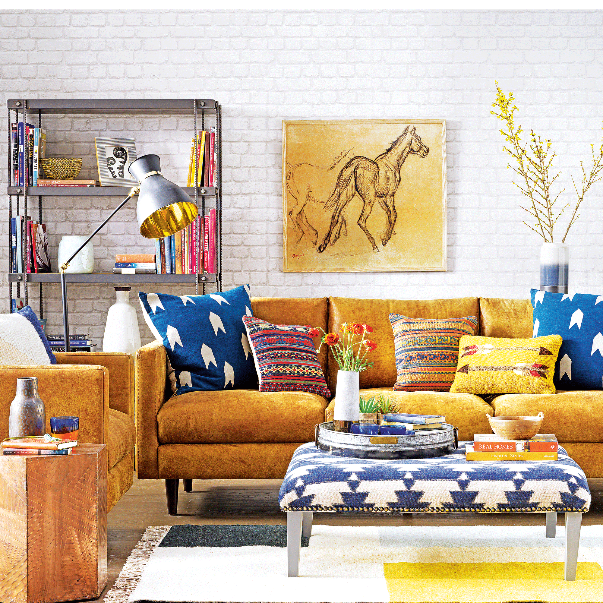 Yellow sofa in white living room